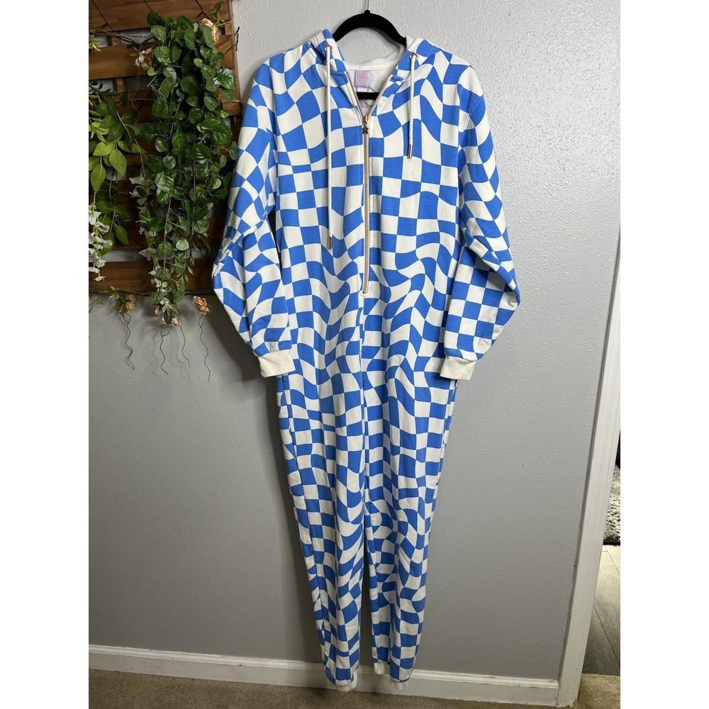 Savage X Fenty Forever Small Blue White Checkered Hooded Jumpsuit Unisex